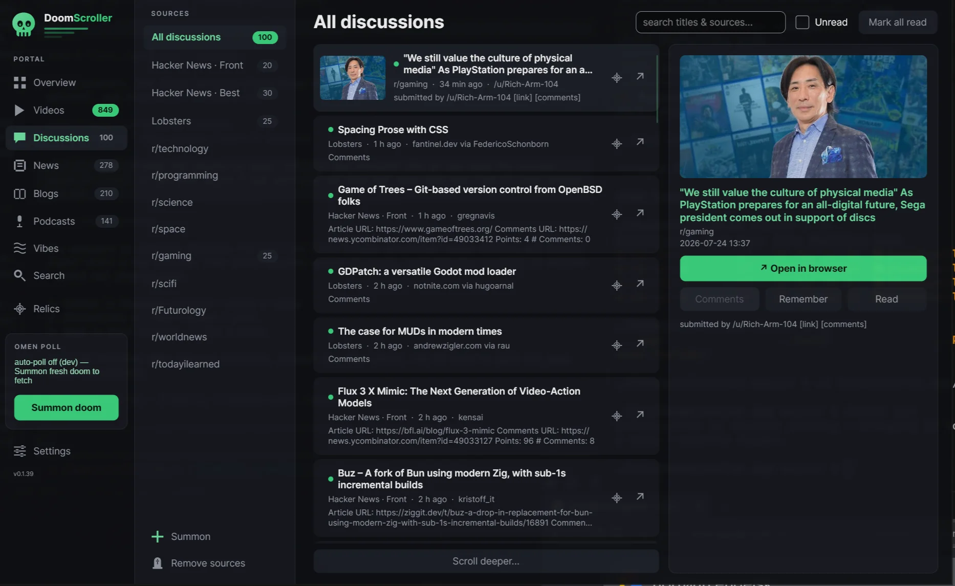 The Discussions section in the default Doom color scheme with an inspected post